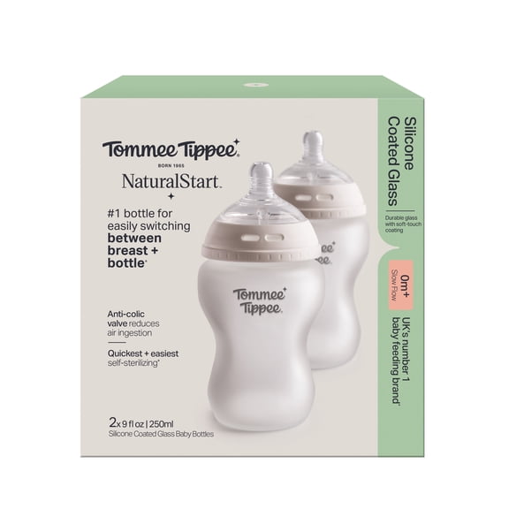 Tommee Tippee Natural Start Silicone Coated Glass Baby Bottles for Feeding from Newborn Up, 9oz, 2 pack