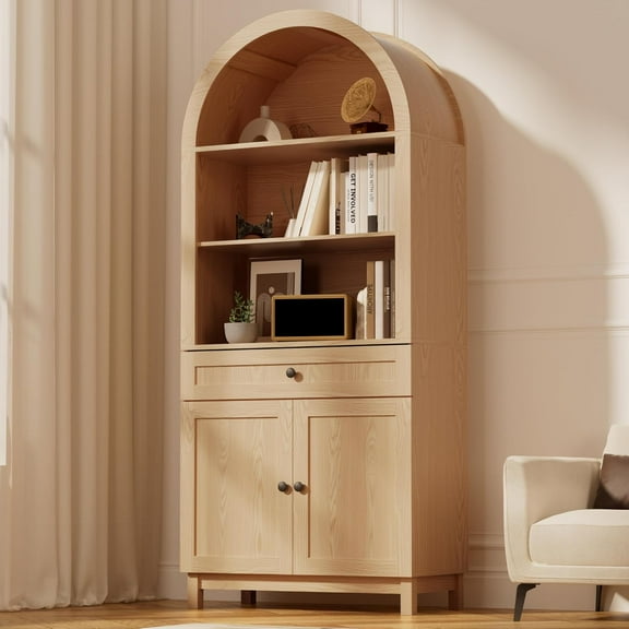 Arched Pantry Cabinet, 71" Kitchen Pantry Cabinet with Smooth Gliding Drawers and Adjustable Shelf, Wood Storage Cabinets Anti-Tipping, Modern Farmhouse for Living Room, Dining Room (Natural)