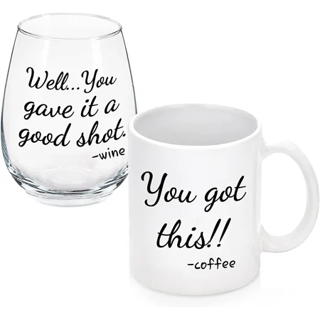 

Inspirational Gift Set You Gave It A Good Shot Stemless Wine Glass & You Got This Ceramic Coffee Mug Set for Parents Friends Couples Family on Christmas Anniversary Venlantines Daily Use