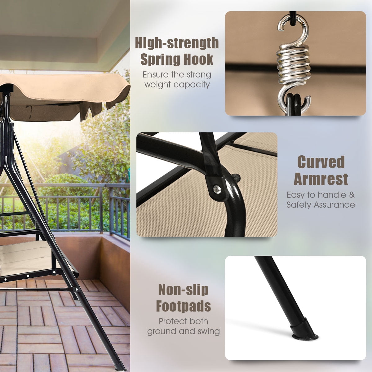 Gymax Fashion Brown Outdoor Swing Canopy Patio Swing Chair 3 Person Canopy Hammock