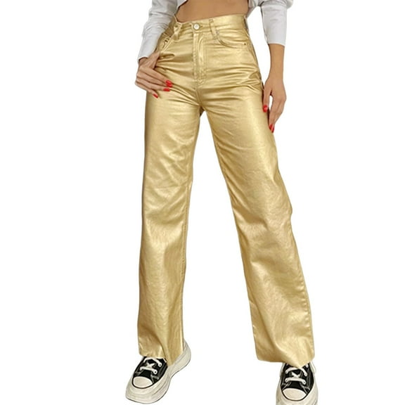 Ediodpoh Women's Leather Loose Solid PU Pant High Waist Baggy Jogger Cargo Pant with Pockets Summer Pants for Women 2024 Gold M