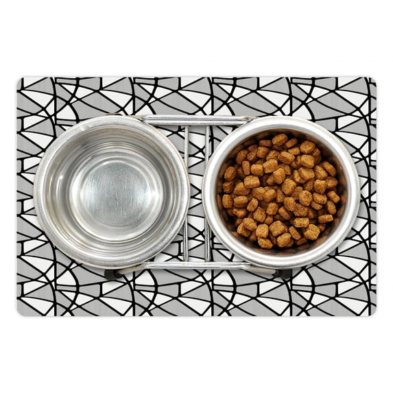 Black and White Pet Mat for Food and Water, Geometrical Pattern with Abstract Design Thick and Thin Lines Tile, Non-Slip Rubber Mat for Dogs and Cats, 18" X 12", by Ambesonne