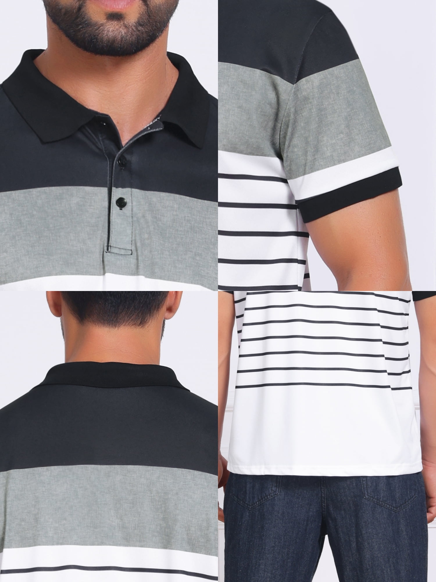 DARING DIVA Men's Colorblock Striped Short Sleeve Three Button Polo Shirts L Black White