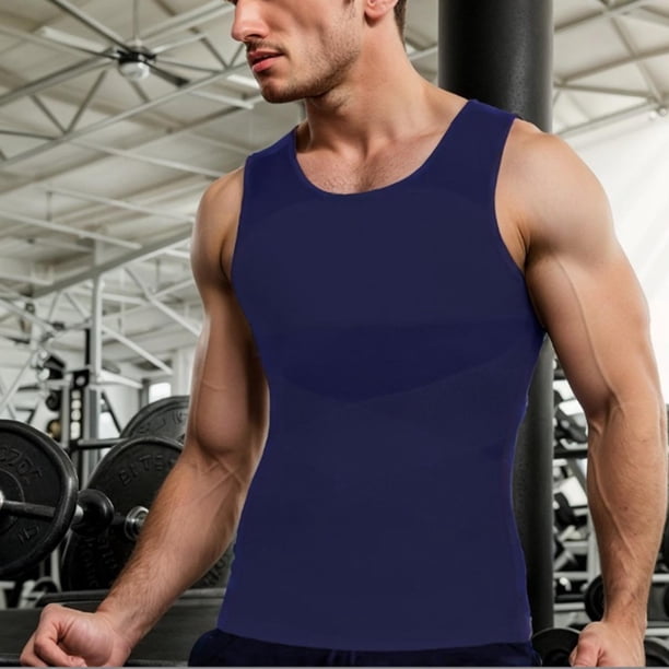 Camiseta de tirantes de cuello redondo para hombre, color liso, ajustada, de malla elástica en cuatro direcciones, moldeadora, de poliéster.