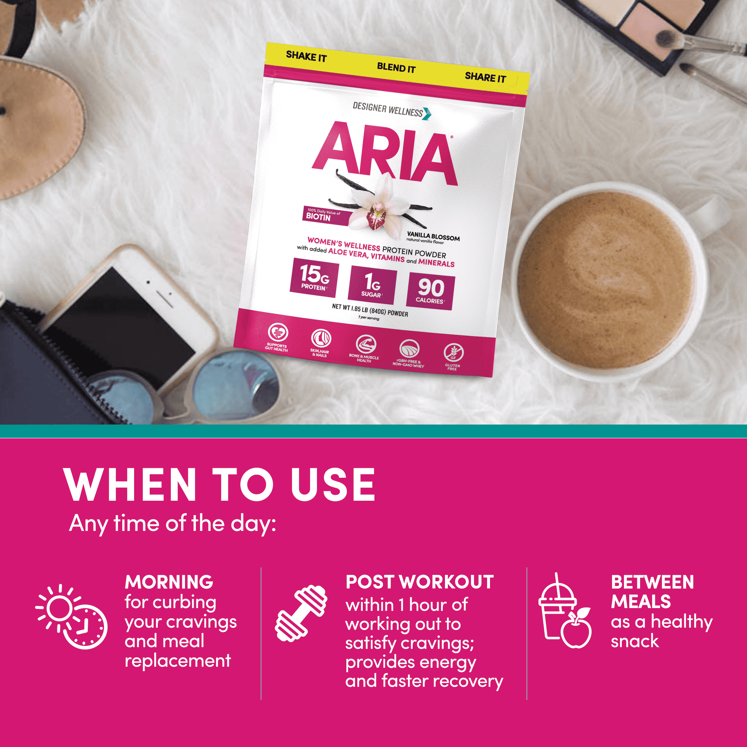 Designer Wellness, Aria, Women's Wellness Low Calorie Protein Powder with Biotin, Vitamin C and Organic Aloe, Vanilla, 1.85 lb