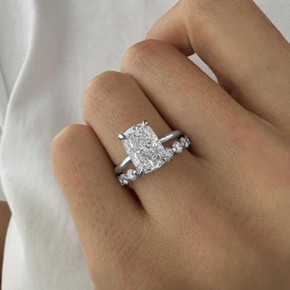 solitaire jewels 2.75CT Elongated Cushion Moissanit Hidden Halo Engagement Ring Set For Women, 14K White Gold Plating Over Silver, D Color VVS Clarity