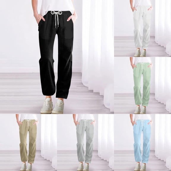 SROBPTY Womens Pants Solid Straight-Leg Loose Breathable Comfortable Long Trousers for Casual Wear