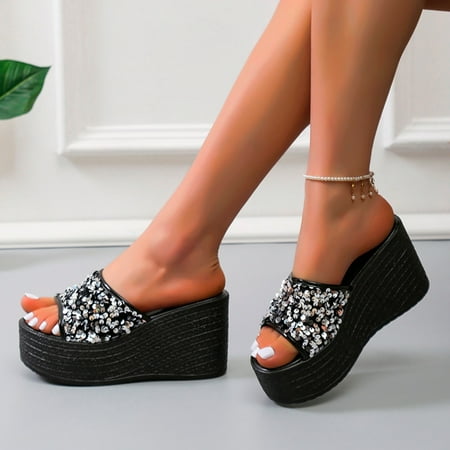 

〖Yilirongyumm〗 Black 37 Sandals Women Ladies Shoes Fashion Comfortable Platform Wedge Sandals Rhinestone Sequin Fish Mouth Sandals