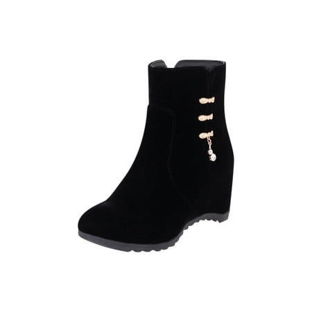 

Women Ankle Boots Inside High Slope Heel Booties Autumn and Winter Fleece Liner Casual Short Boots