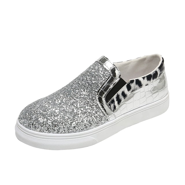 EczUOHAO Chaussures pour Femmes Mode Printemps et Été Chaussures Décontractées pour Femmes Semelle Plate Bout Rond Imprimé Léopard Motif Cuir à Paillettes Confortables à Enfiler, Argent