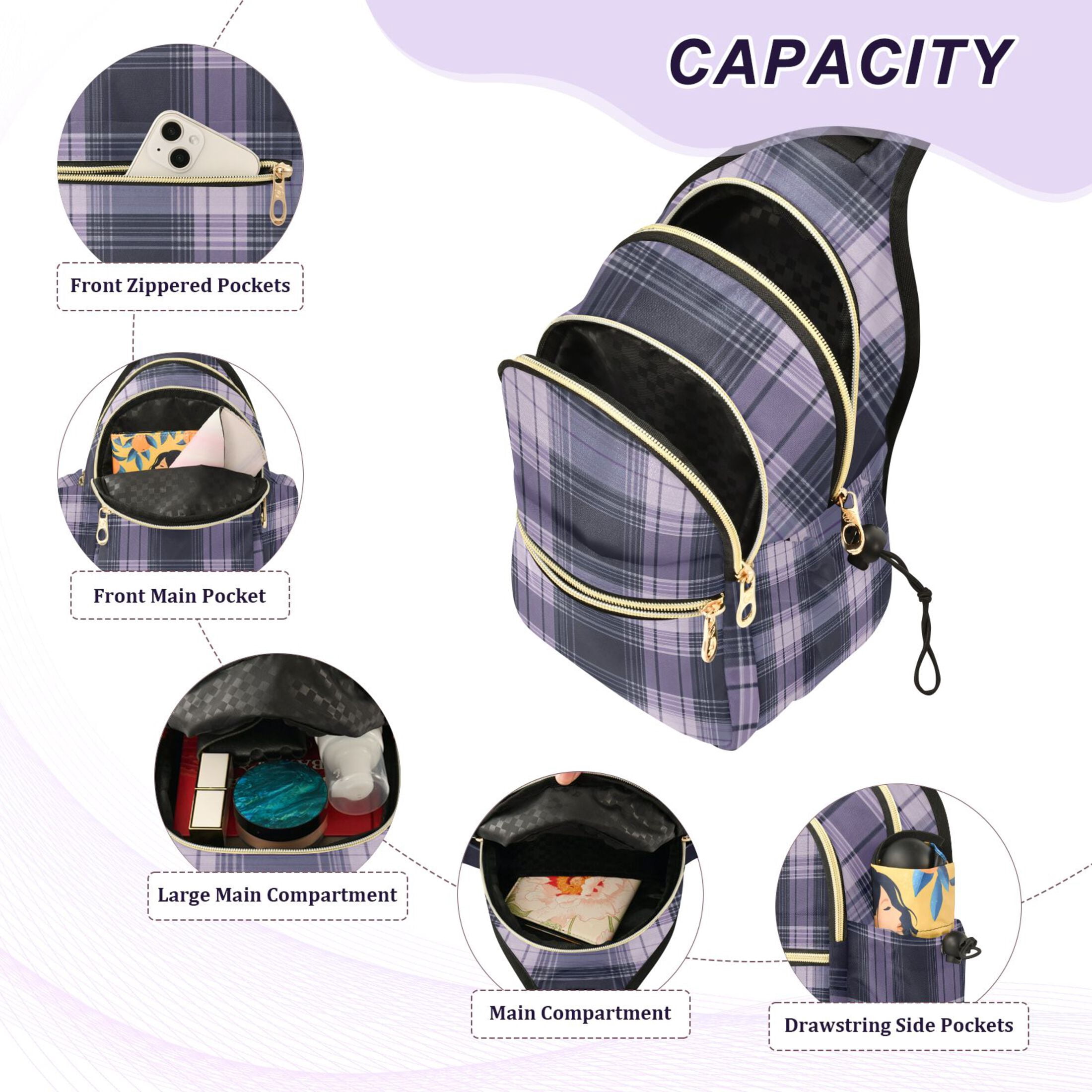 Crossbody Sling Bag for Women Shoulder Purse Trendy Daypack with Adjustable Strap Light Purple Tartan