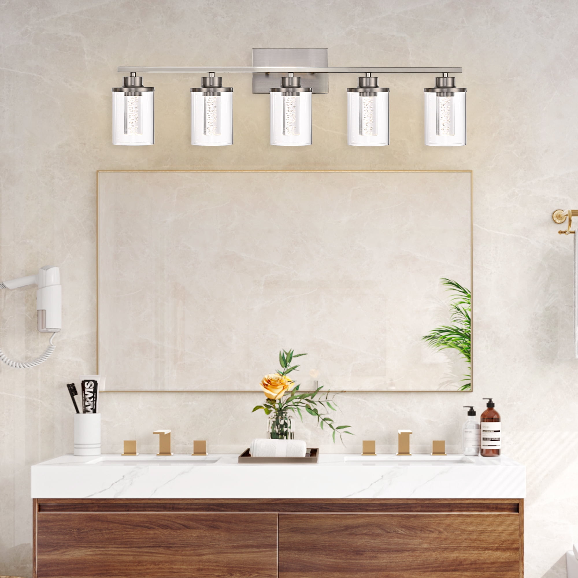 Melucee 5CCT Dimmable LED Brushed Nickel Vanity Lights 5-light, Modern Vanity Lighting Fixtures with Crystal Light Columns and Clear Glass for Bathroom Bedroom