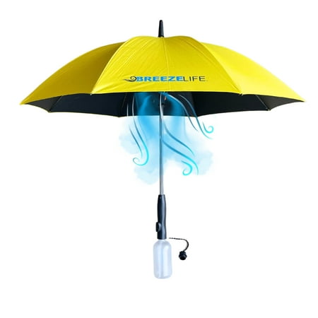BREEZE LIFE Golf Umbrella with Fan and Mister. Portable misting and shade that blocks 99.9% of UVA and UVB rays. UV sun protection and cooling at festivals  beach  and sporting events. (Yellow)