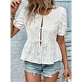 thumbnail image 6 of Women'S Floral Embroidery Short Puff Sleeve Blouse Tie Front Babydoll Peplum Tops White S, 6 of 7
