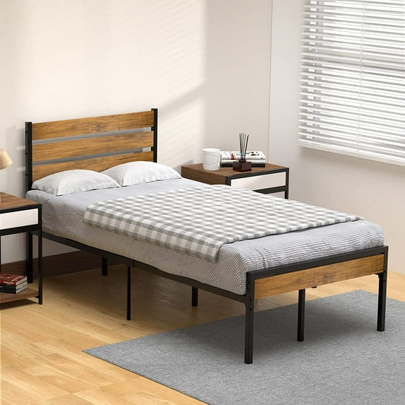 Alkmaar Twin Bed Frame with Wood Headboard and Metal Slats Support Platform Bed Frame with Storage No Box Spring Needed