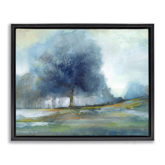 Stupell Industries Contemporary Rural Blue Tree Abstract Black Floating Frame Canvas Art, 31 x 25, by Nan