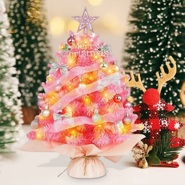 WSBDENLK Cyber Monday Christmas Decor Indoor Outdoor Tabletop Mini Christmas Tree Set with Clear LED Lights Star Treetop and Ornaments Battery Operated Artificial Xmas Tree for Holiday Indoor Decor