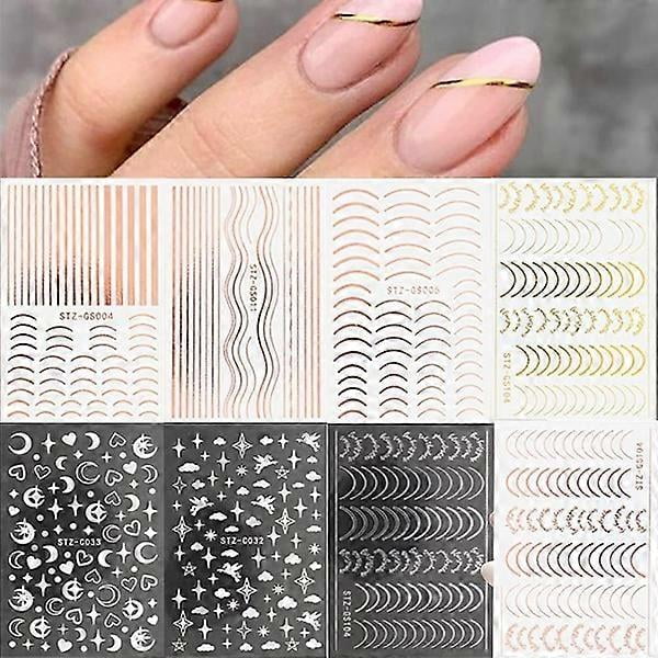 Lines Nail Stickers Rose Gold Metal Nail Art Decals 8 Sheets Self-Adhesive Nail Stickers