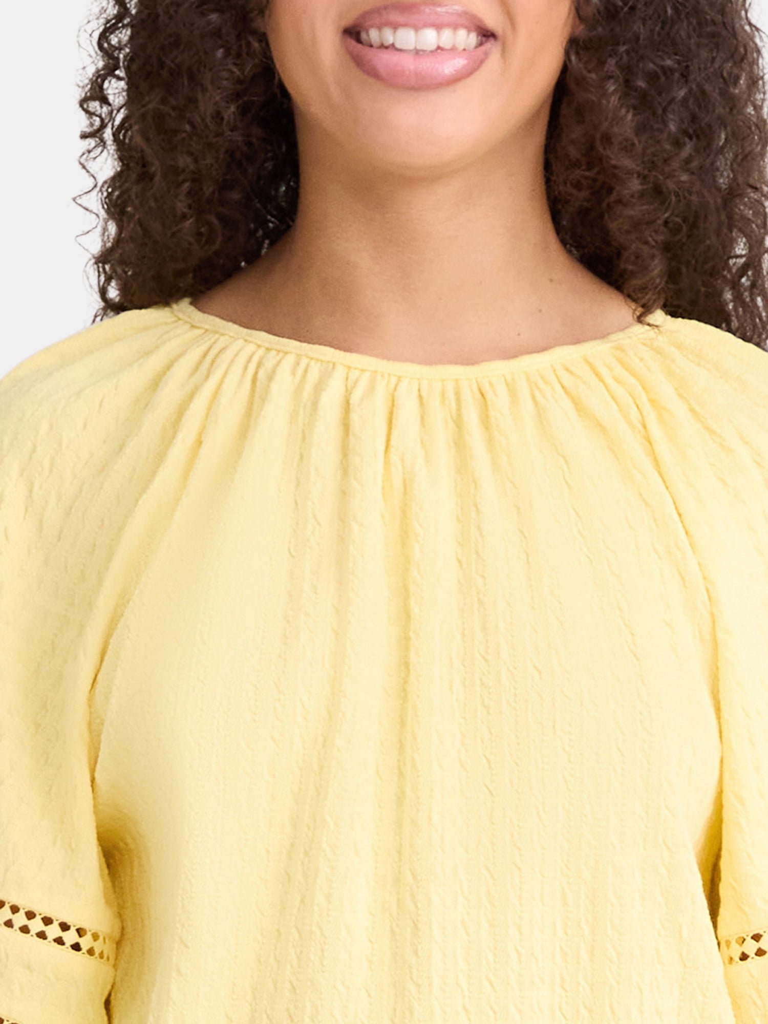 Time and Tru Women's Lace Trim Top with Puff Sleeves, Sizes XS-XXXL