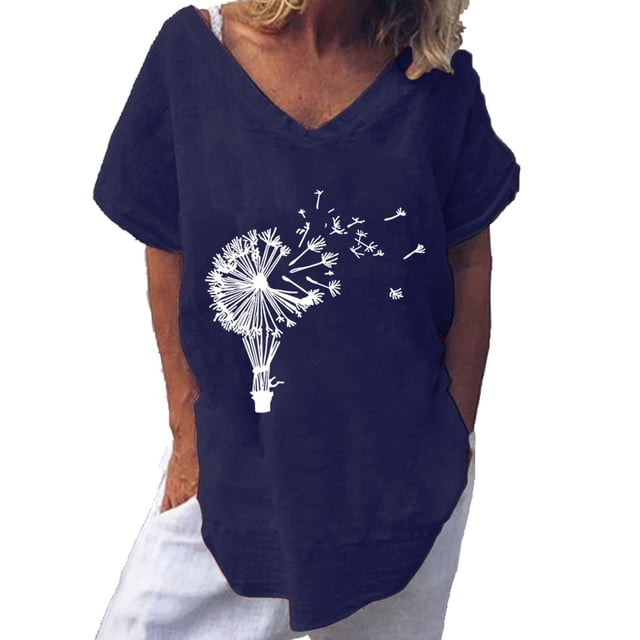 Pompotops Mode Femmes Print Manches Courtes en Vrac Col Rond T-shirt Top Chemisier