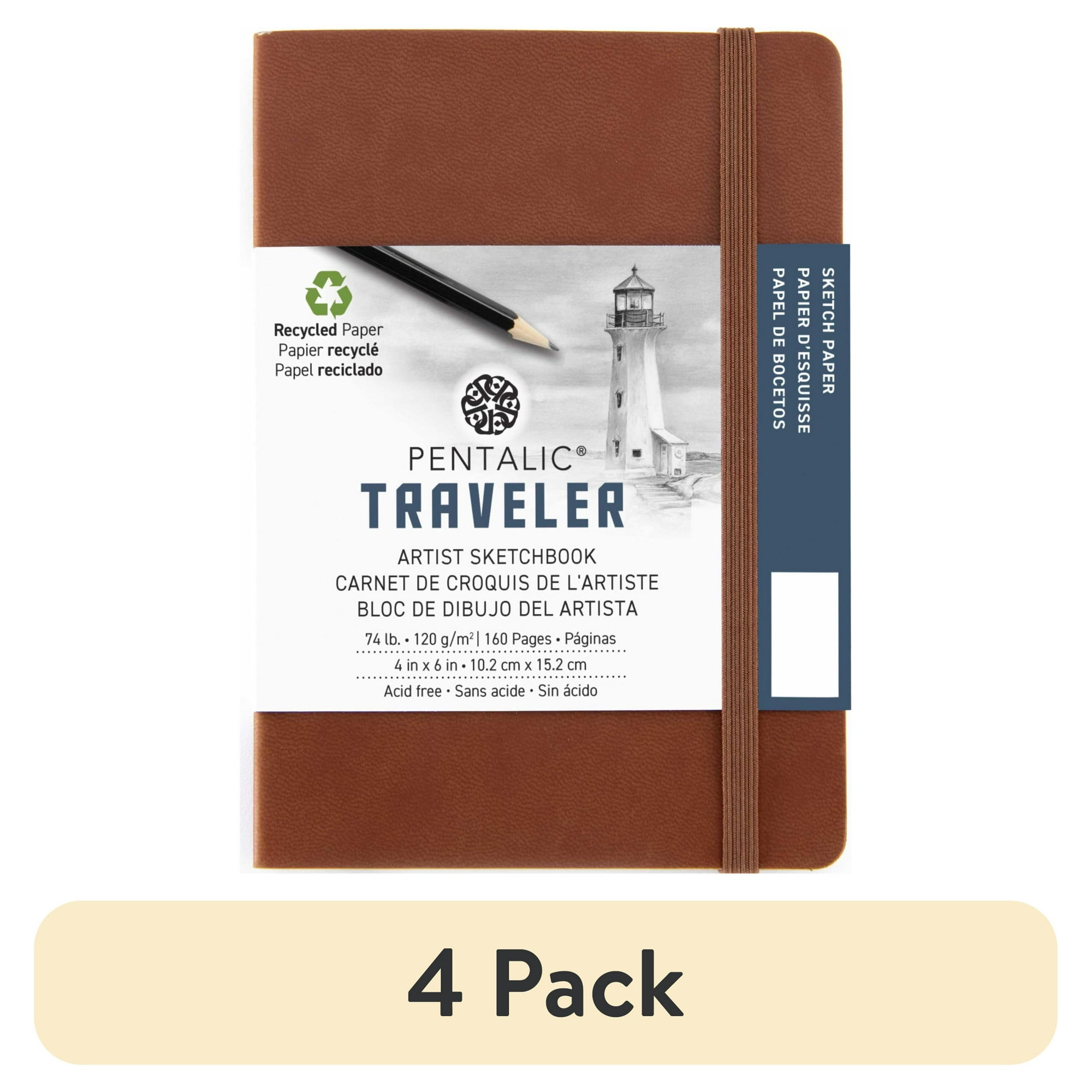 (4 pack) Pentalic Traveler 4" x 6" Drawing Artist Pocket Brown Cover, 160 Pages, 74 lb Paper