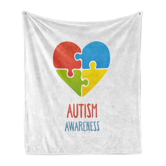 Autism Soft Flannel Fleece Throw Blanket, Typography with a Puzzle Like Heart Shape Raise Hope, Cozy Plush for Indoor and Outdoor Use, 50" x 60", Multicolor, by Ambesonne