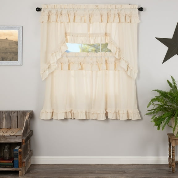 VHC Brands Muslin Ruffled Unbleached Natural 4 PC Creme Ruffled Curtain Set (2 Swag 36x16 and 2 Tier 36x36)