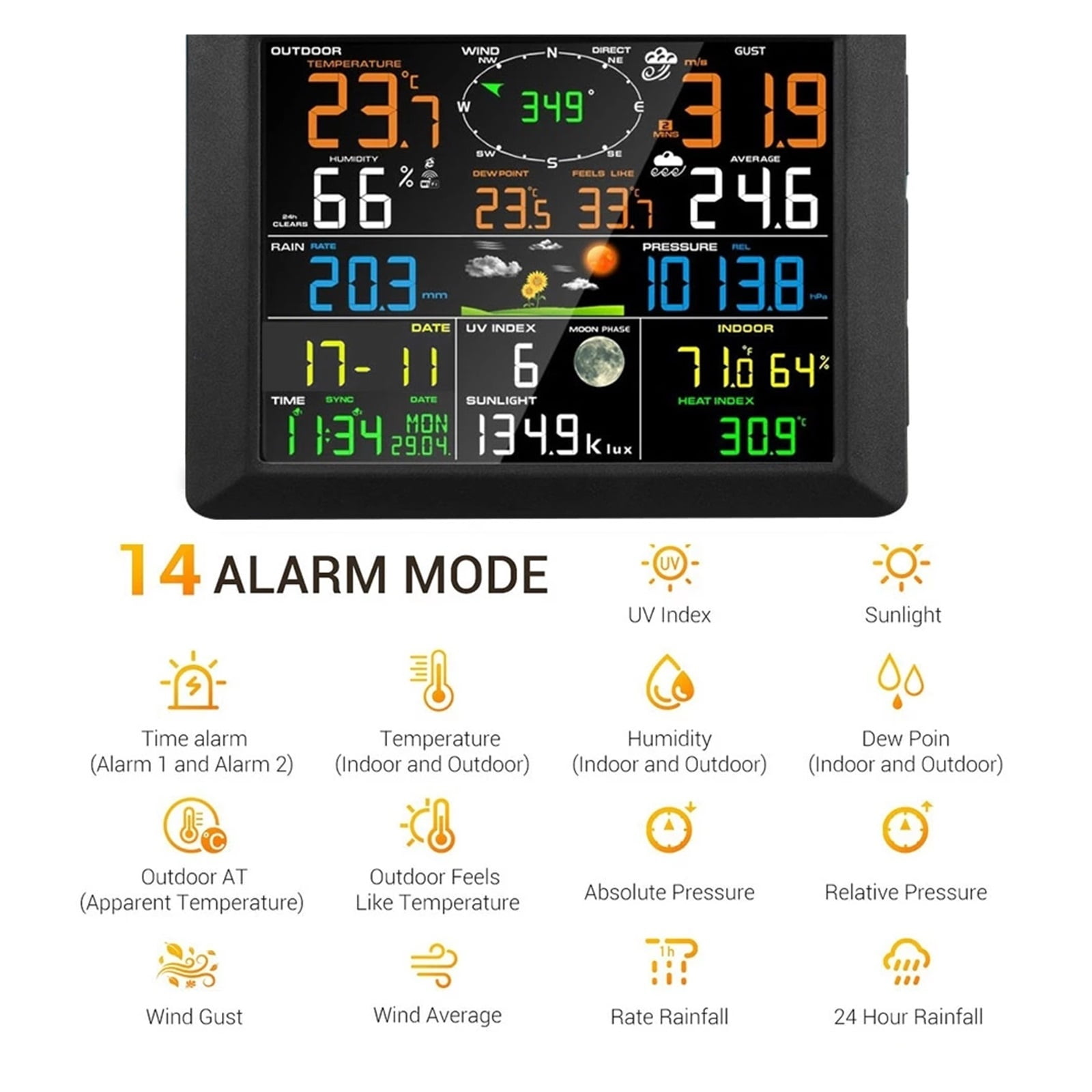 Weather Station Internet Wireless With Outdoor Sensor Rain Gauge Weather Forecast Wind Digital Alarm Clock Barometer Color ,Easy to Install