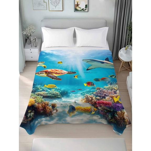 Turtle California King Size Flat Sheet, Wrinkleproof & Fadeproof Cooling Flat Bed Sheet Only, Shark Ocean Coral Underwater Scenery Sea Breathable Soft Bedding Top Sheets 108 x 98 Inches