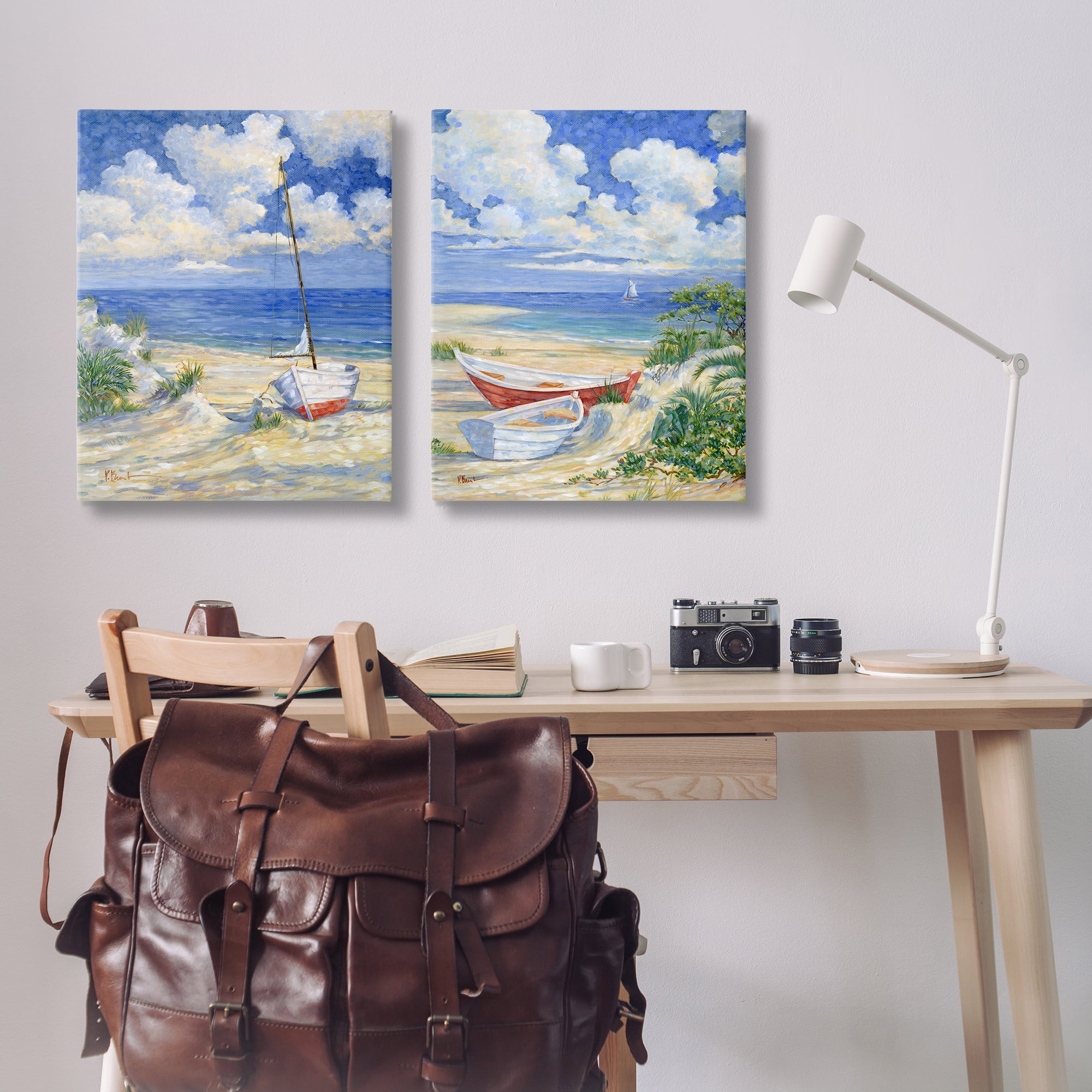 Stupell Industries Row Boat on Sandy Beach Nautical & Beach Painting Wrapped Canvas Art Print Wall Art, 24 x 30, Set of 2