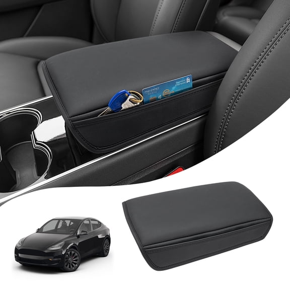 KBH Center Console Cover for Tesla Model Y 2020-2025/Model 3 2017-2023, Middle Console Lid Cushion Pad with Side & Under Pockets, PU Leather Armrest Box Protector for Tesla Accessories, Black