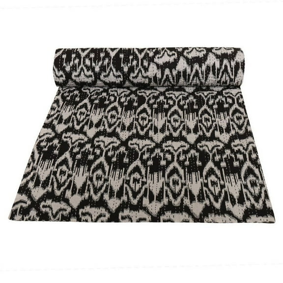 Vinsan International Indian Handmade Cotton Ikat Print Kantha Quilt Tribal Bed Cover Bedspread Blanket Picnic Throw Coverlet Reverisble Bed Throw Black Color Crib Size 36" x 54"