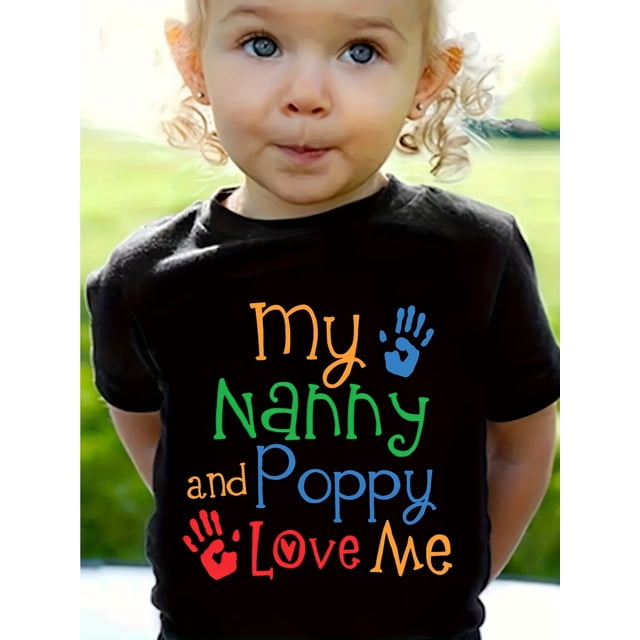 Camiseta de algodón con cuello redondo y manga corta con estampado de dibujos animados "My Nanny and Poppy Love Me" para niñas, camiseta informal de verano, transpirable y ligera.