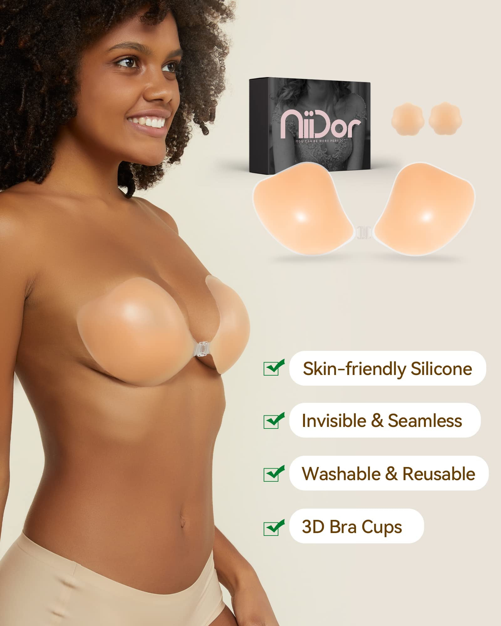 Niidor Women's Reusable Sticky Push-up Bra Backless Strapless Silicone Bra  with Nipple Covers