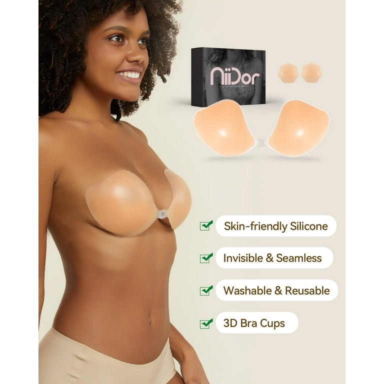 Niidor Women's Reusable Sticky Bra Push-up Invisible Lace Black Adhesive Bra  with Silicone Nipple Cover 