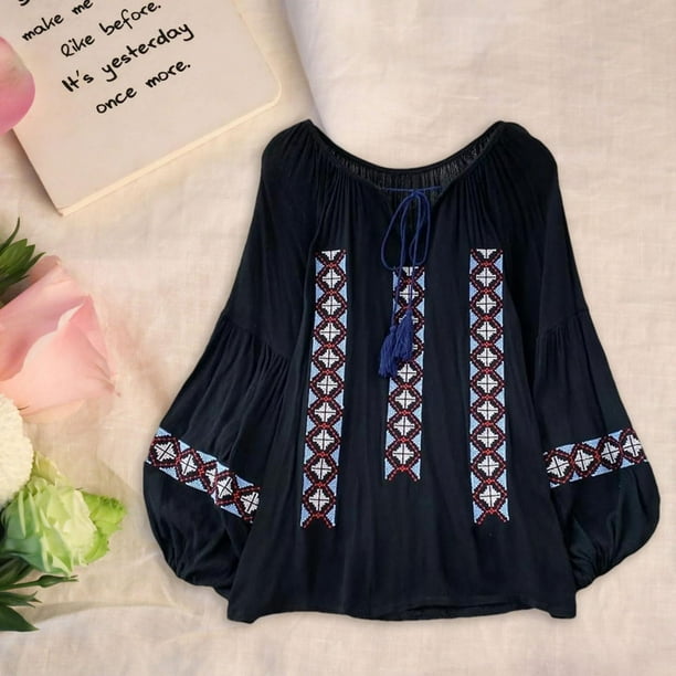 Blusa bordada para mujer, ropa de cuello redondo, camisa étnica informal elegante y elegante Negro