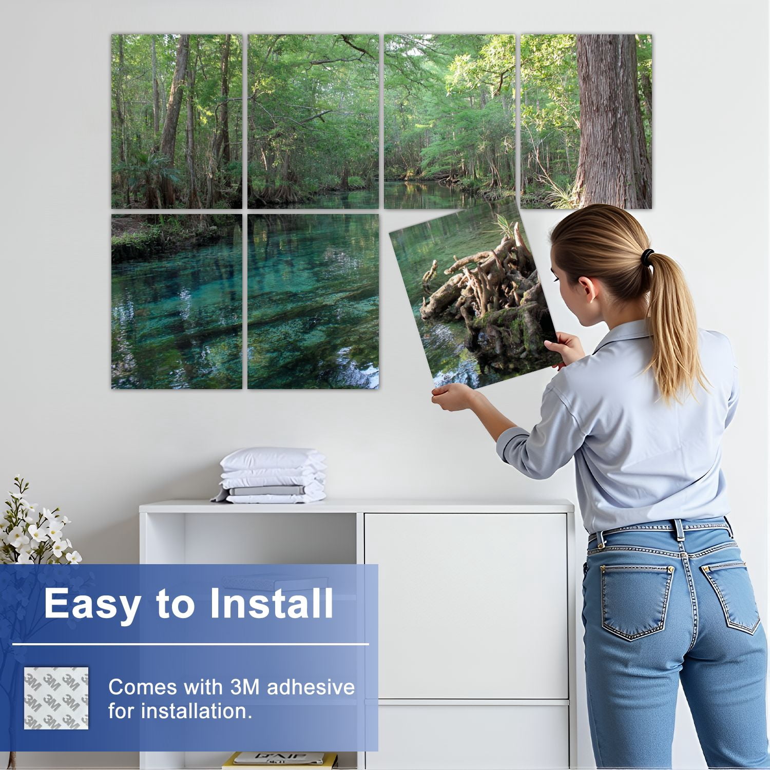 Forest 8 Pack Art Acoustic Panels Sound Absorbing Florida Fresh Water Springs Cypress Tree Swimming Hole Natural Decorative Soundproof Wall Panels Self Adhesive for Nursery Bedroom 48"x32"
