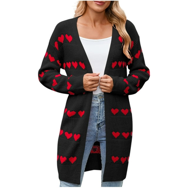 HongQid Women's Long Sleeve Cute Cardigan Sweaters V Neck Open Front Ribbed Knit Sweater Coat
