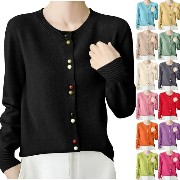 ATOYSOY Women's Crew Neck Button Ribbed Sweater Cardigan Long Sleeve Collar Slim Knitted Pullover Fall Winter Green L