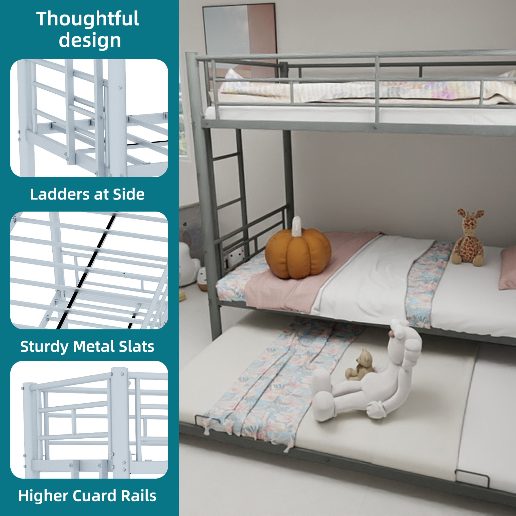 Twin over Twin Bunk Bed with Trundle,Heavy Duty Metal Bed Frame with Sturdy Guardrail for Kids/Adults,Noise Reduced,Silver