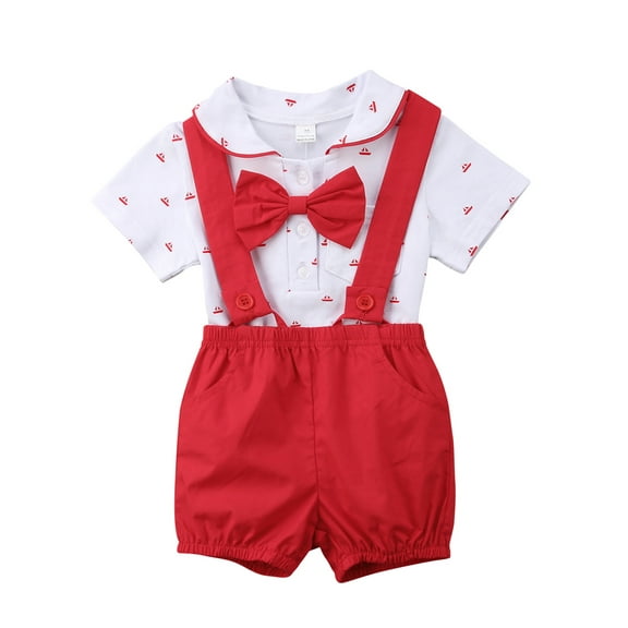 2Pcs Infant Baby Boy Gentleman Formal Suit Bow Tie Button Short Sleeve Shirt Romper Suspender Pants Shorts Overalls Outfit Set