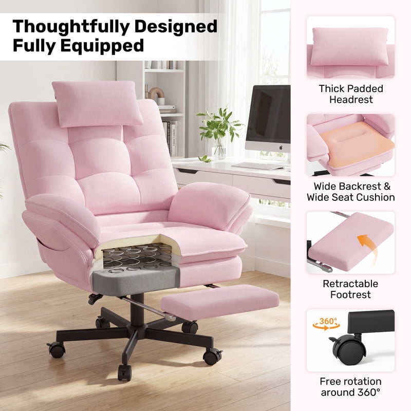 Hawsaiy Big and Tall Office Chair with Footrest, Ergonomic Executive Desk Chair with Flip-Up Arms, Reclining High Back Computer Chair with Headrest & Side Pockets, Pink