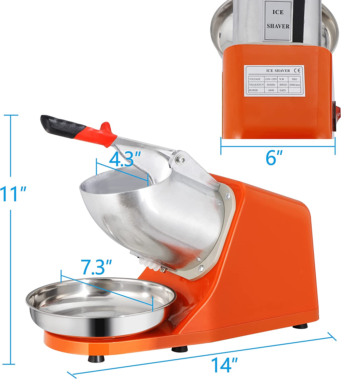 Electric Ice Shaver Machine Snow Cone Maker 300W 2000r/min Ice Crushers w/Stainless Steel Blade for Home and Commercial Use, Set of 1