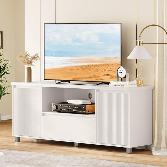 Fluted TV Stand for 65 Inch TV, Entertainment Center with Storage Drawer and Open Shelf, Modern TV Media Console Cabinet Furniture for Living Room, Bedroom, White