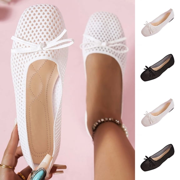 Miluxas Woven Ballet Flats for Women Cute Mary Janes Bow Elastic Strap Summer Straw Comfortable Casual Dressy Shoes White 9.5(43)