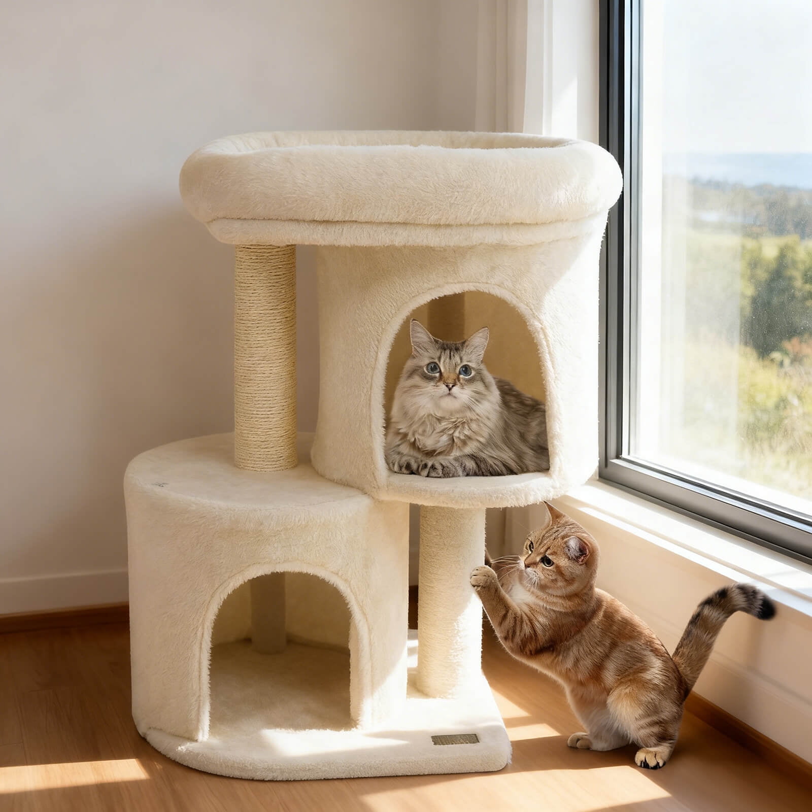 Costway 26” Small Cat Tree with Large Padded Plush Perch, 2 Condos, Sisal Scratching Posts Beige