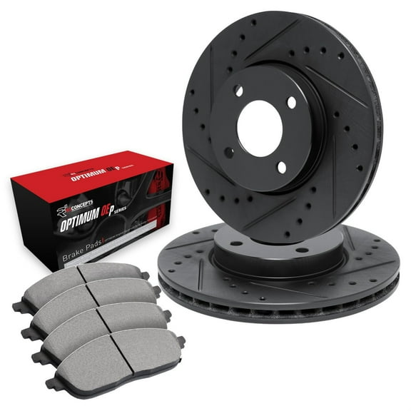 R1 Concepts Drilled and Slotted Black Disc Brake Rotor Set with Optimum Oe Pads WHUN1-92005