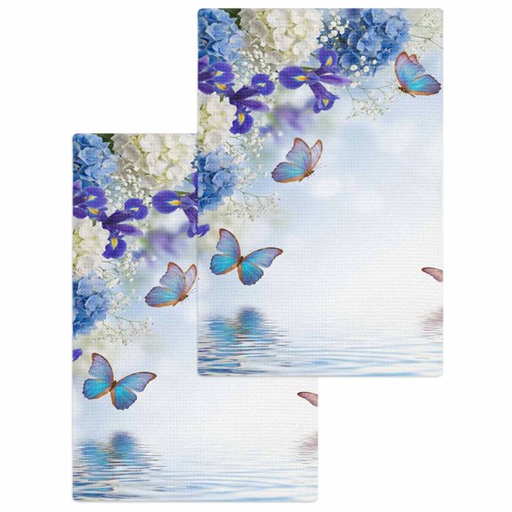 Blue Purple Floral Kitchen Dish Towels for Drying Dishes Set of 2, Ombre Butterflies Modern Art Spring Waffle Weave Microfiber Hand Tea Bathroom Towels Quick Dry & Absorbent Towel 15.7x23.6