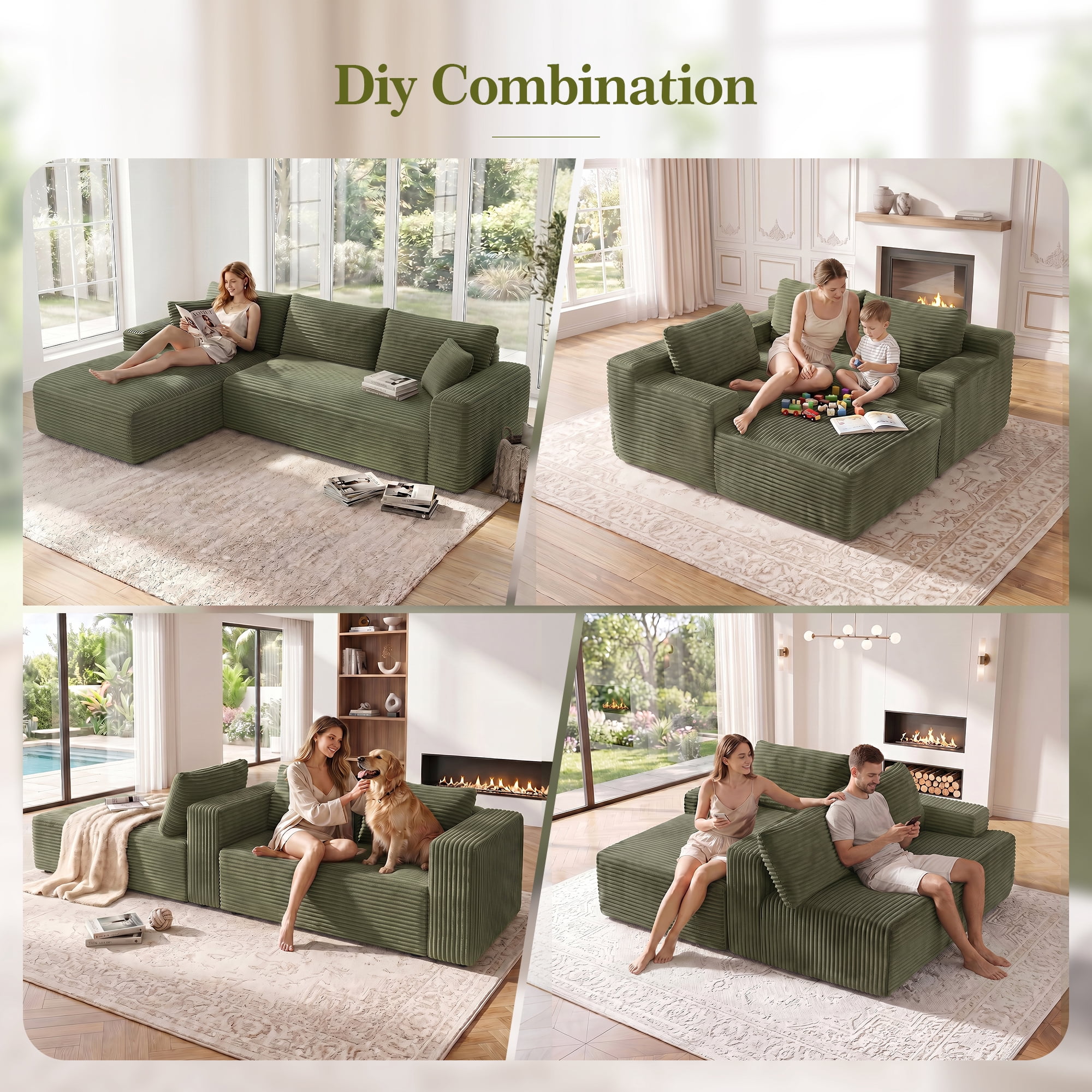 Aukfa 107" Boneless Modular Sectional Sofa, L-Shaped Corduroy Couch with Deep Seat and Left-Facing Chaise for Living Room, Green