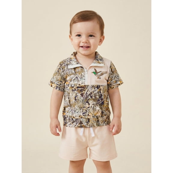 Toddler Boy Summer Outfit Camouflage Quarter Zip Short Sleeve T Shirt Solid Color Shorts 2 Piece Set